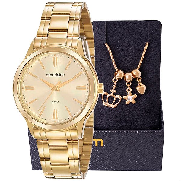 Relógio Feminino Mondaine Dourado Casual Analógico 99561LPMVDE1 Mulher + Pulseira Berloques
