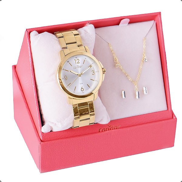Relógio de Pulso Feminino Condor Dourado COPC21AEEJ/K4D Colar e Brincos
