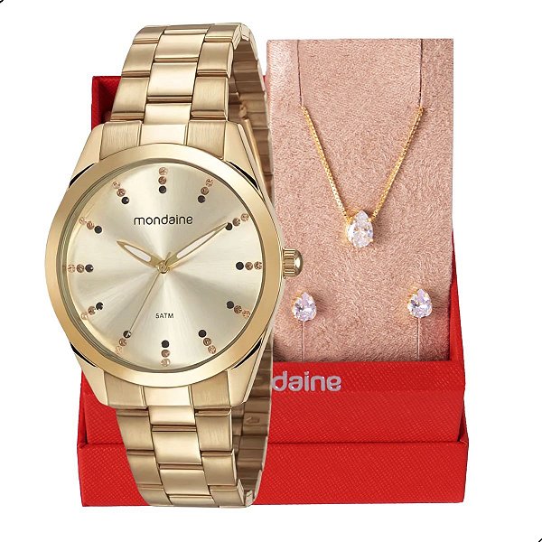 Relógio de Pulso Feminino Mondaine Dourado Analógico 53672LPMVDE1 Colar e Brincos