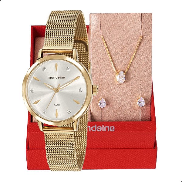 Relógio de Pulso Feminino Mondaine Dourado 76733LPMVDE3 Colar e Brincos