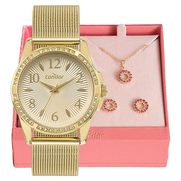 Relógio de Pulso Feminino Condor Dourado CO2036MWG/K4D Colar e Brincos