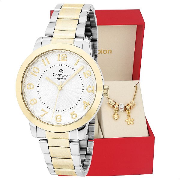 Relógio Feminino Bicolor Champion Elegance CN25118B Prova D Agua + Pulseira Berloques
