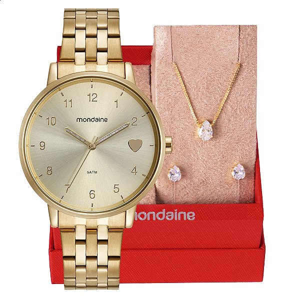Relógio Feminino Mondaine Dourado 32597LPMKDE1K1 + Colar e Brincos