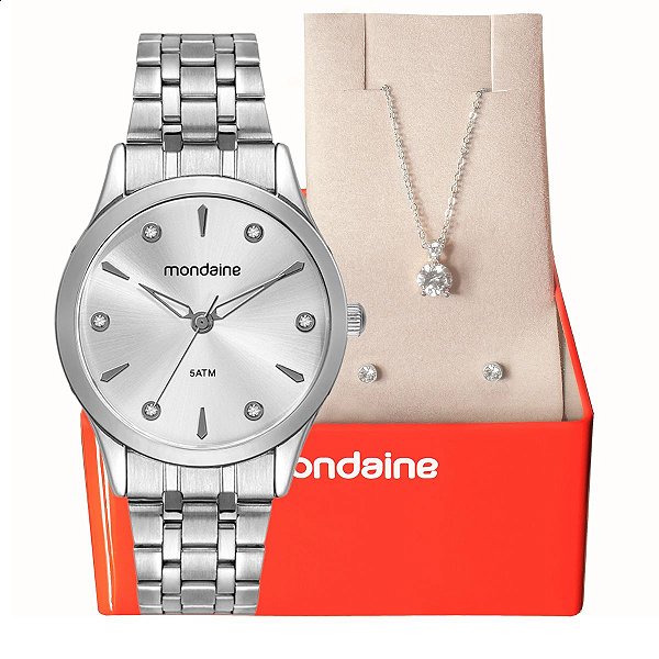 Relógio Feminino Mondaine Prata Pequeno 32610L0MKNE2K1 Colar e Brincos