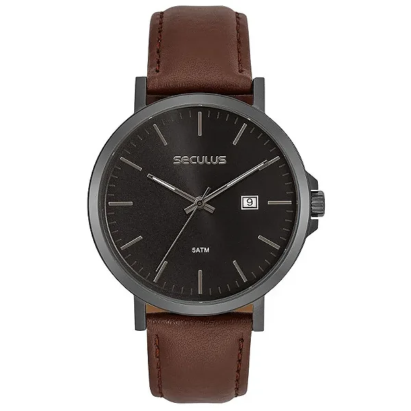 Relógio Masculino Seculus Couro Aço Mostrador Preto Minimalista 44328GPSVPC3