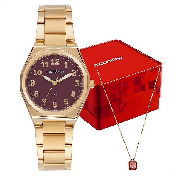 Relógio Feminino Mondaine Dourado Marsala 32920LPMKDE2K1 + Colar