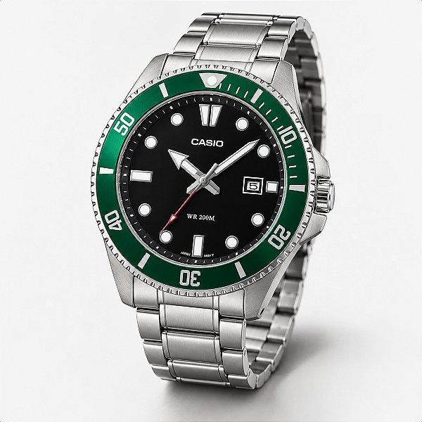 Relógio Masculino Casio Aço Prata Verde Prova D'Água MDV-107D-3AVDF