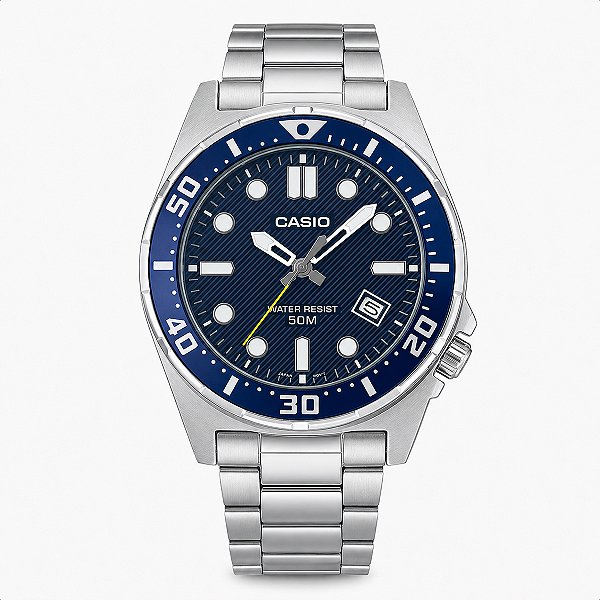 Relógio Masculino Casio Aço Prata Azul Prova D'Água MTD-135D-2AVDF