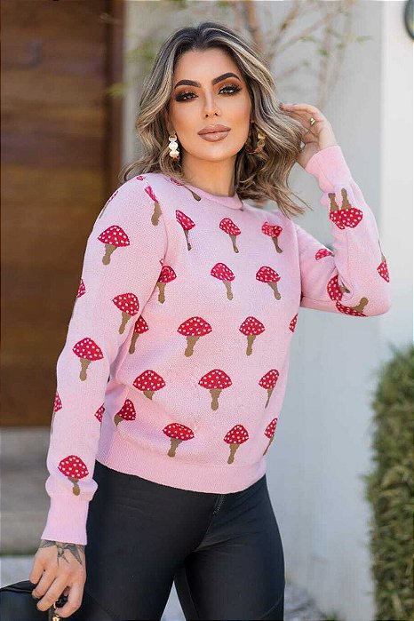 Blusa de Tricô Manga Longa com Estampa Cogumelo