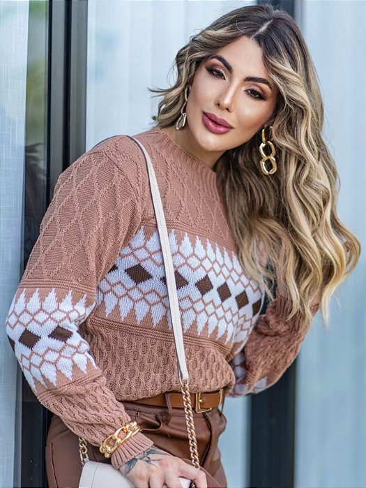 Blusa Tricot Mosaico em Relevo Manga Longa