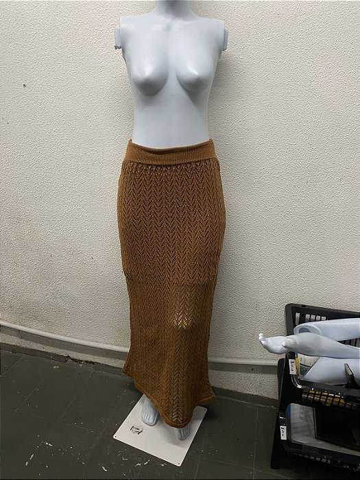 Saia Midi Tricot Vazada com Forro e Cós Ajustável