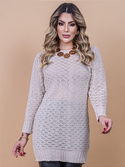 Blusa Chemise de Tricô Feminina Manga Longa com Detalhe em Relevo