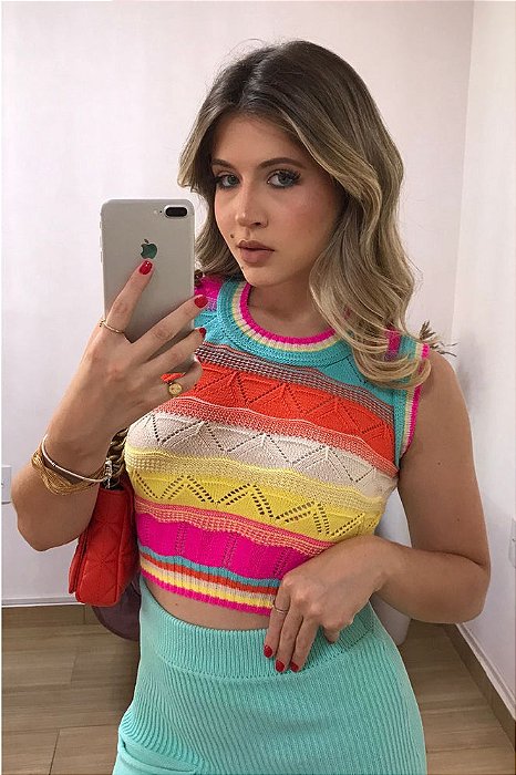 Cropped Tricot Mosaico com Manga