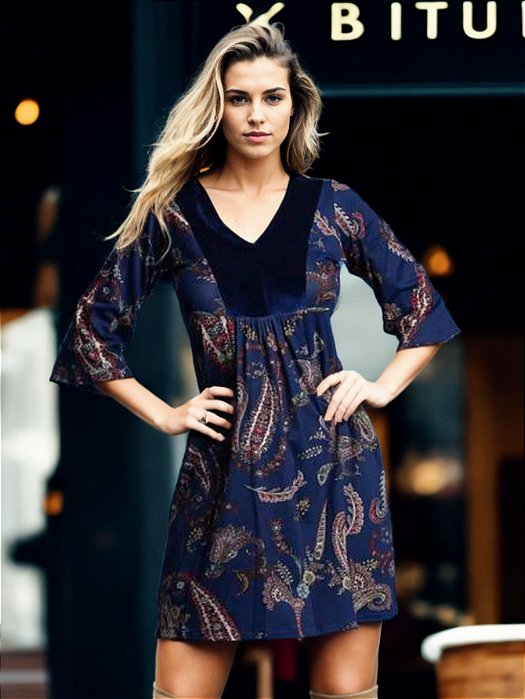 Vestido Curto Viscolycra com Mangas Flare Paisley Azul