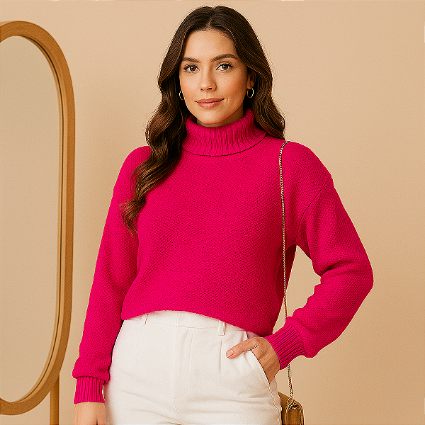 Blusa de Tricô Feminina Gola Alta com Detalhes em Ponto Manga Longa