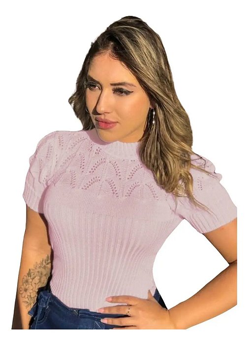 Blusa de Tricô Feminina Manga Curta Gola Alta - Tricot Básico Casual Versátil