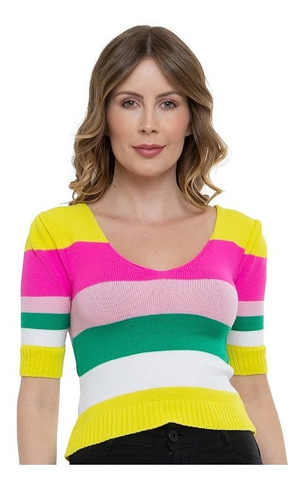 Cropped Tricot Modal Manga Curta Listrado V Neck - Conforto e Estilo no Verão