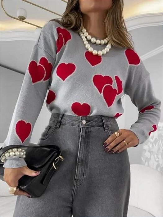 Blusa de Tricô Manga Longa Estampada Corações Feminina