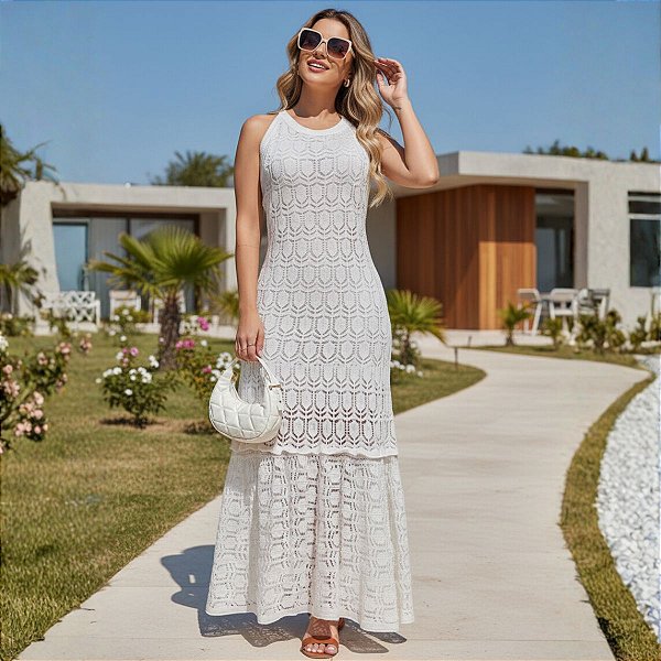 Vestido Longo em Renda Tricot sem Manga – Verde Esmeralda