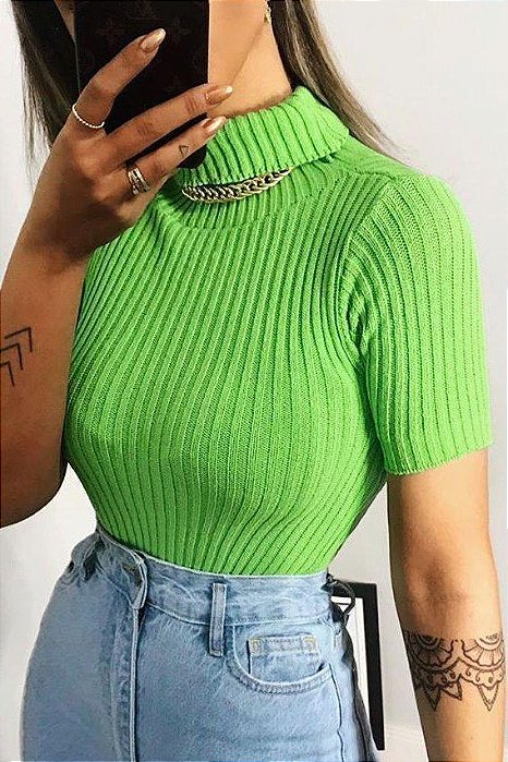 Blusa Canelada Tricot Manga Curta Gola Alta Rosa Pink - Tamanho M
