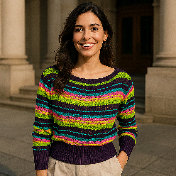 Cropped Tricot Listrado Feminino Decote Canoa Manga Longa