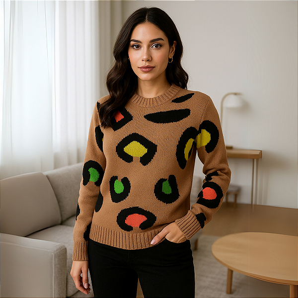 Blusa Tricot Manga Longa Animal Print - Veste 38 ao 42