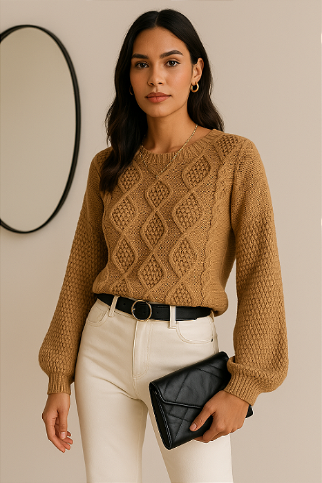 Blusa Suéter Tricot Feminina Manga Longa Transpassada Gola Joia