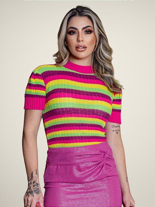 Blusa Tricot Listrada Manga Curta Penélope Gola Joia Inverno Casual