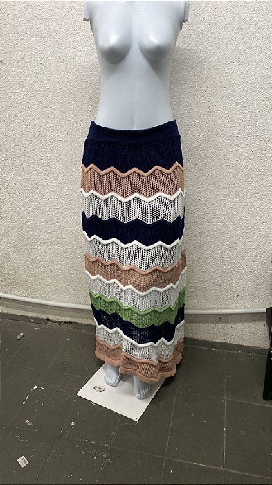 Saia Midi Tricot Vazada Listrada Chevron