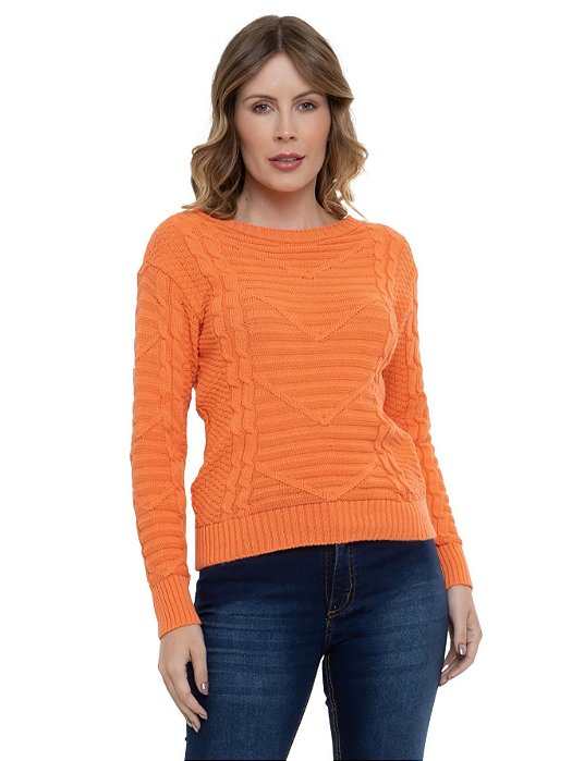 Blusa de Tricô Feminina Relevo Trançada Manga Longa - Tendência Inverno