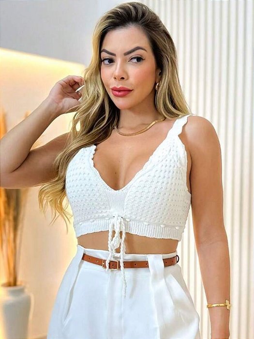 Cropped Top Feminino Tricot Modal Decote V com Amarração Verão