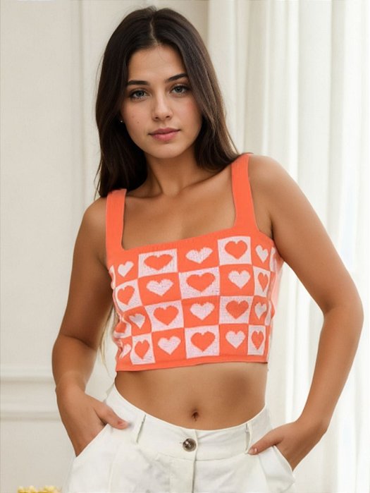 Cropped Feminino Tricô Xadrez com Corações - Tendência Verão