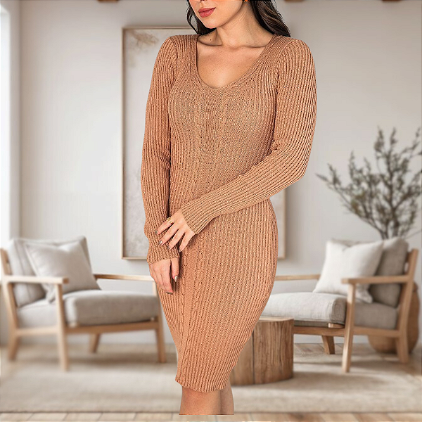 Vestido Curto Tricot Modal Manga Longa Tranças Fashion