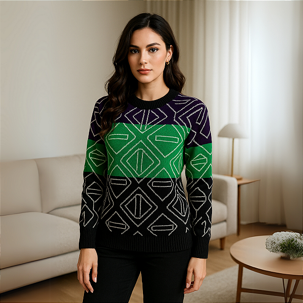 Blusa de Tricô Feminina Geometric Manga Longa Tendência Inverno