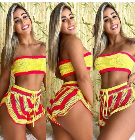Conjunto Tricot Top e Short Listrado Chevron - Tam. M - Confortável e Justo ao Corpo