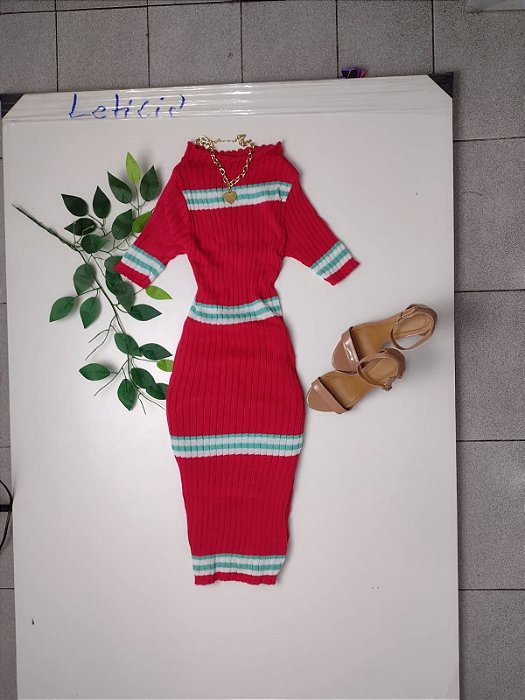 Vestido Midi Tricot Listras Gola Alta Feminino