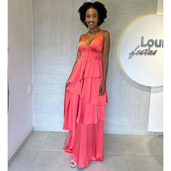 V047 Vestido De Festa Longo Com Decote V E Babados Assimétricos Na