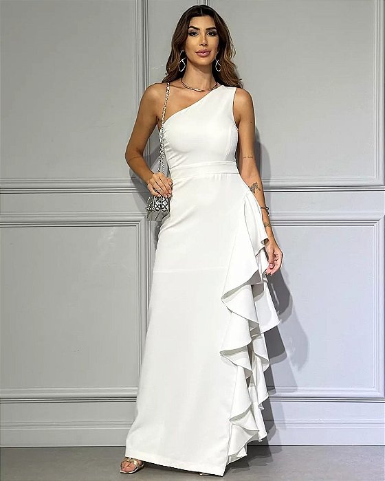 VSBW 592910 Vestido De Noiva Longo Decote De Um Ombro Saia Evase Com Babado - Off White