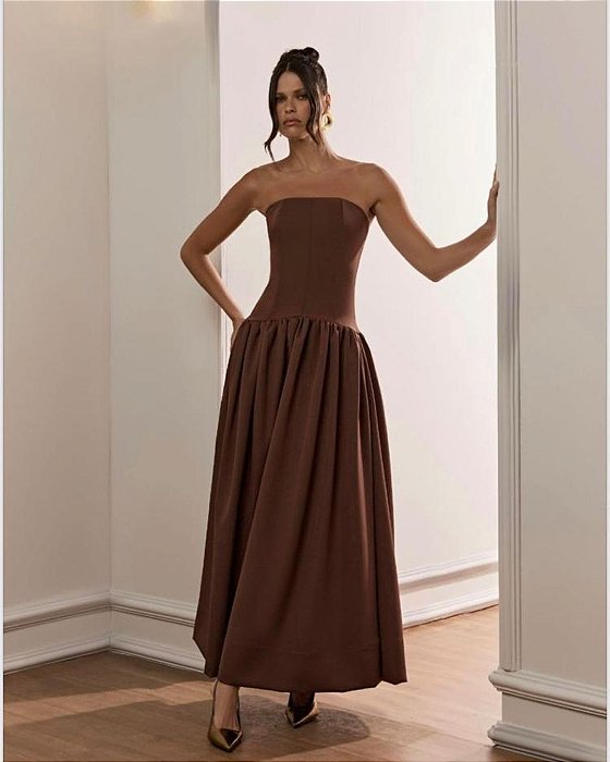 Vestido Longo Tomara que Caia Saia Evasê - Marrom VCK 5006