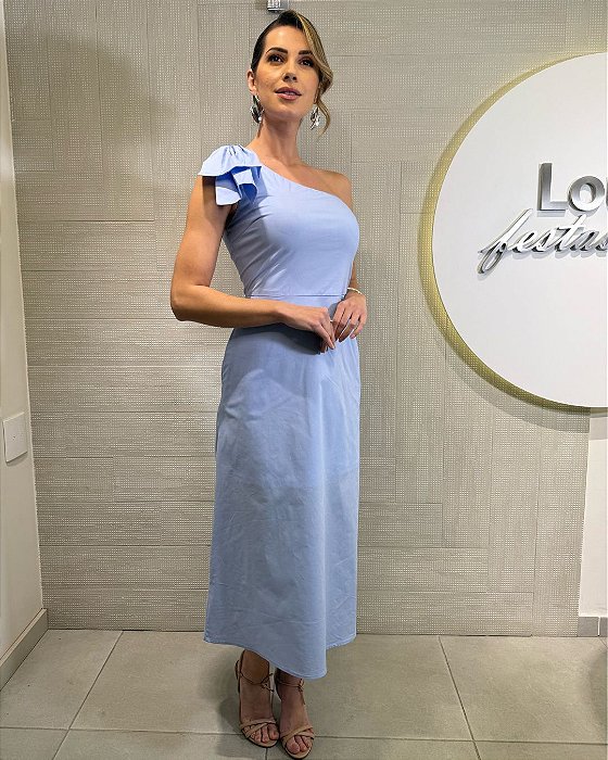 VCT 60129 Vestido Decote Um Ombro Com Laço E Saia Evase - Azul