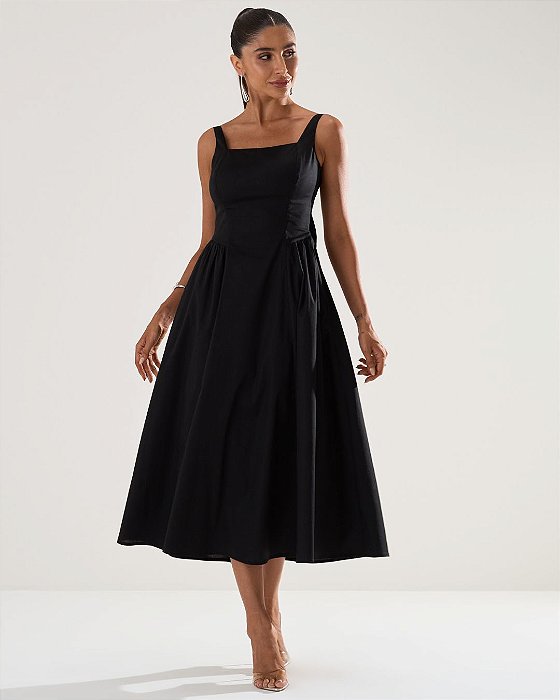 VCT 60292 Vestido Midi Em Tricoline Decote Reto E Saia Evase - Preto