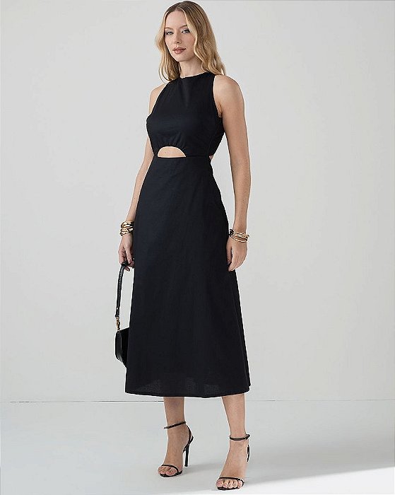 VCT 60367 Vestido Midi Com Decote De Alças Cruzadas Nas Costas E Saia Evase - Preto