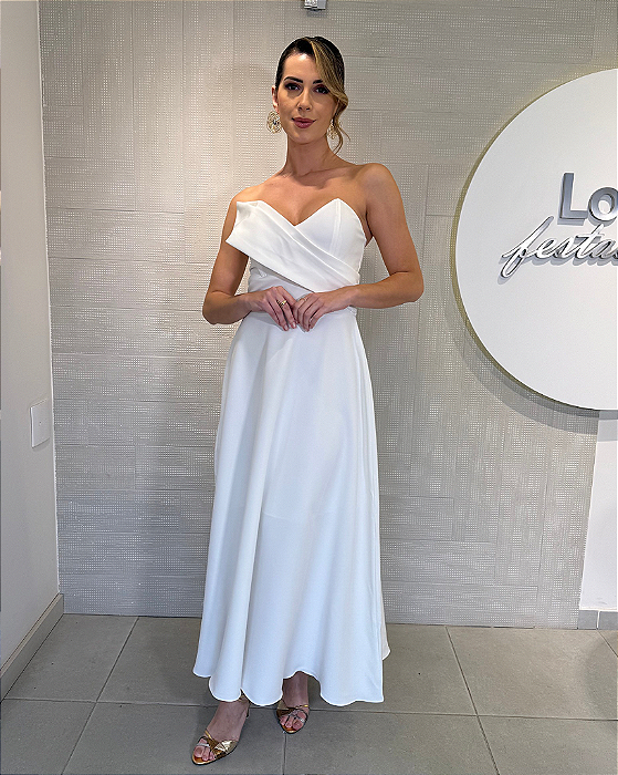 VSBW 591410 Vestido De Noiva Longuete Decote Tomara Que Caia Em V - Off White