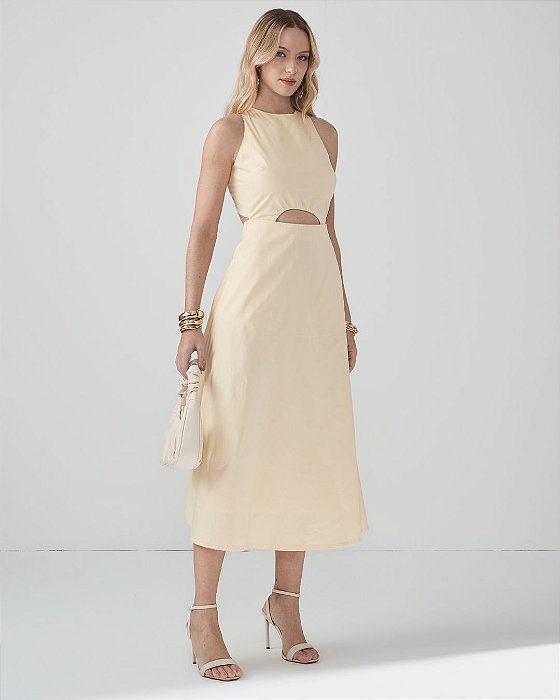 VCT 60367 Vestido Midi Com Decote De Alças Cruzadas Nas Costas E Saia Evase - Amarelo