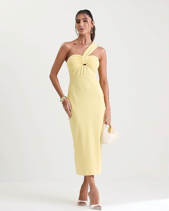 VCT 60387 Vestido Midi Decote Um Ombro - Amarelo
