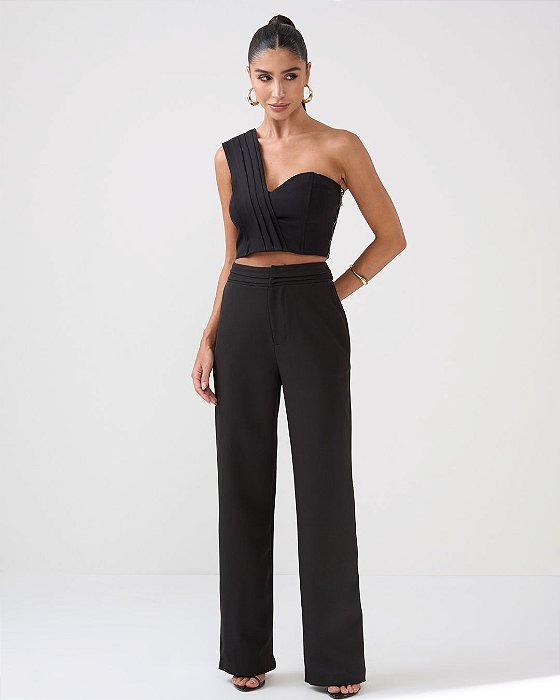 VCT 50237 Conjunto Alfaiataria Top Em Cropped Um Ombro - Preto