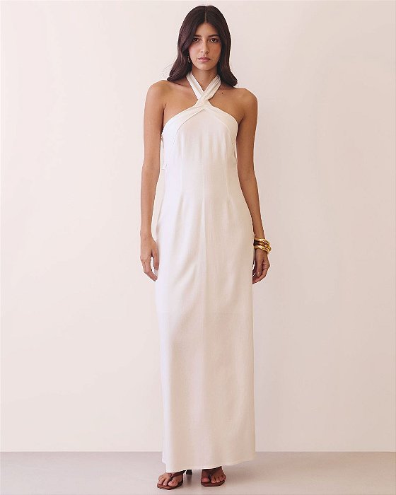 VCG 26305 Vestido Midi Frente Única em Linho - Off White