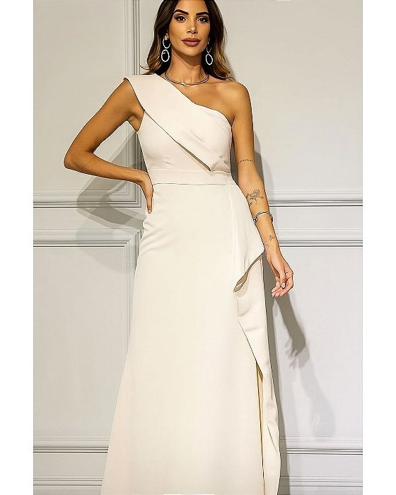 VSBW 59346 Vestido Civil Um Ombro Com Faixa Lateral - Off White