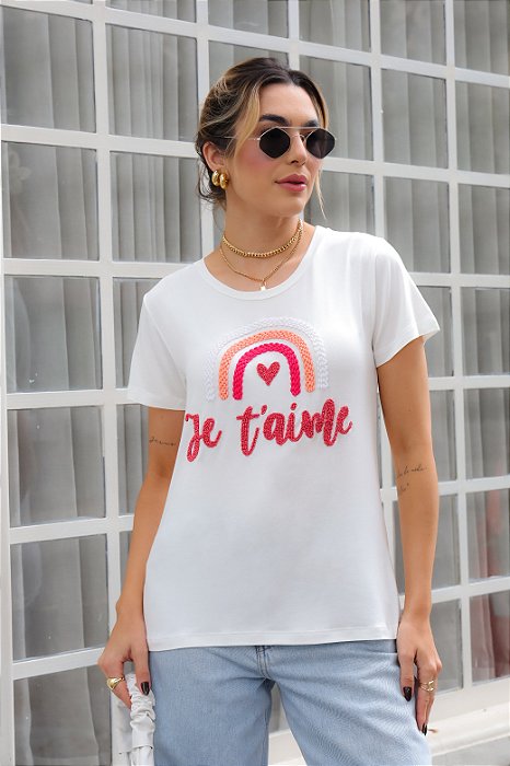 T-Shirt Bordada Pedraria Je T’aime