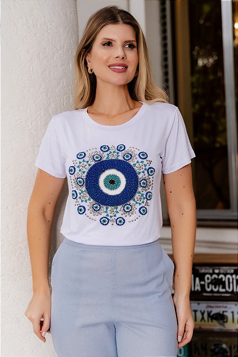 T-Shirt Bordada Olho Grego Mandala